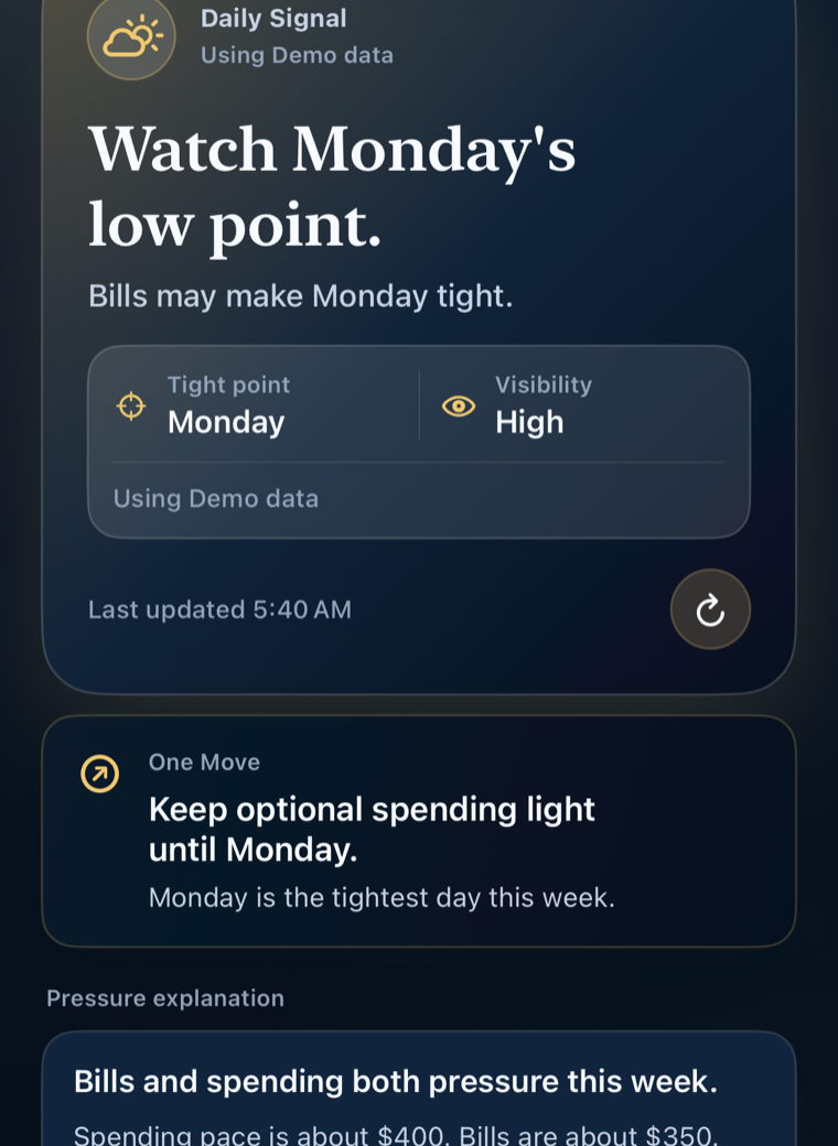 ClearWeek Daily Signal dark app screen