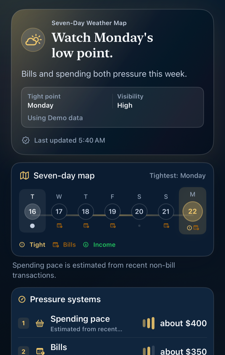 ClearWeek Seven-Day Weather Map dark app screen